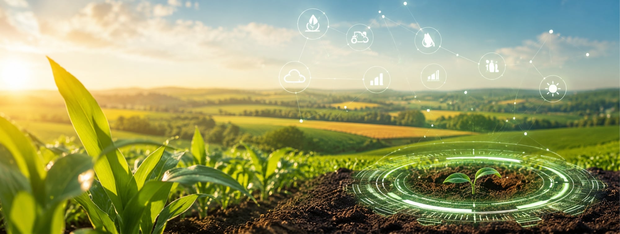 Agricultural landscape at sunrise with young crops in a field and digital data visualization symbolizing innovation, data and artificial intelligence supporting agriculture.