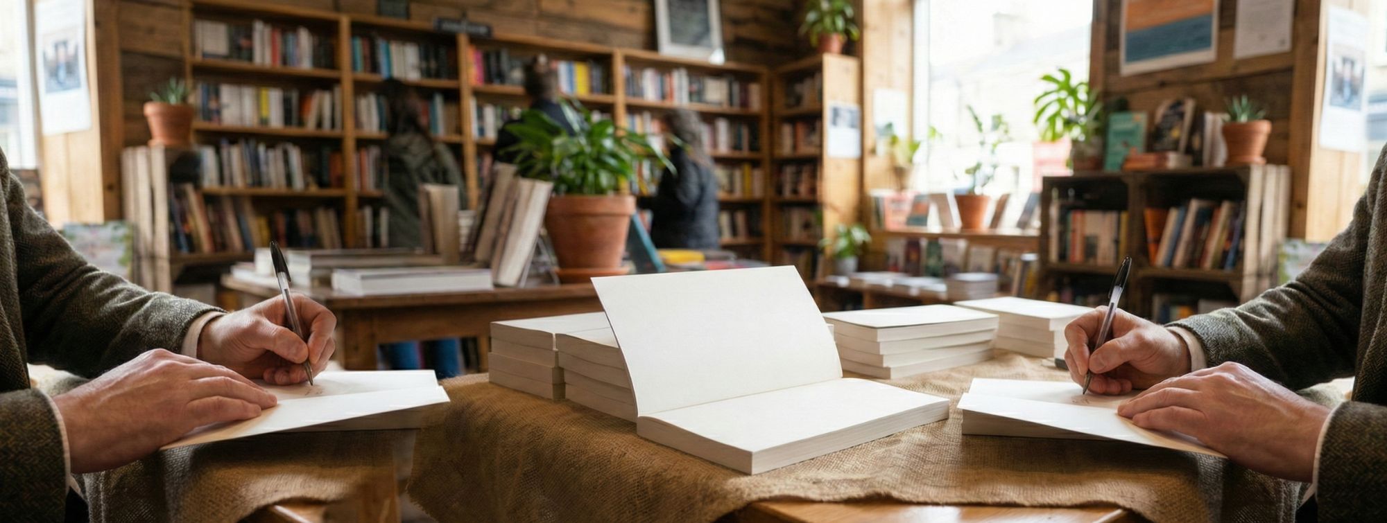 Two authors are signing books in a bookstore.