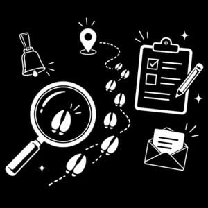 Illustration minimaliste d’une enquête avec loupe, empreintes de sabot et checklist, style graphique moderne
