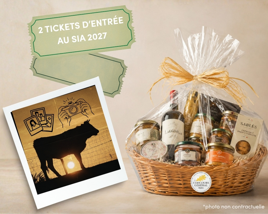 Gift basket filled with French gourmet products, wrapped in clear film with a ribbon, accompanied by two entry tickets for SIA 2027 and a photo of a cow silhouette at sunset, for the contest.